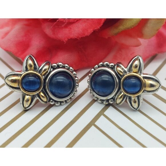 Michael Morrison Two Tone Silver & Gold Blue Glass Bead Floral Earrings Sign MX - Picture 4 of 11